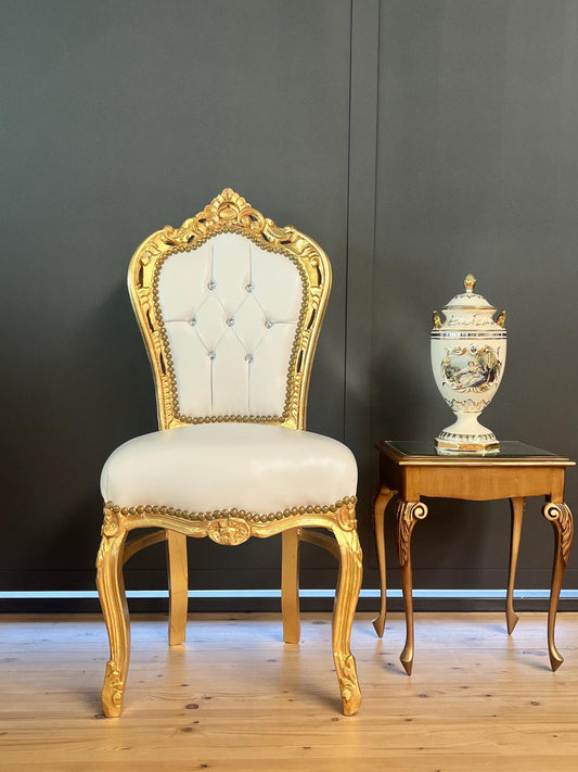 White Faux Leather Rococo Accent Chair: Gold Finish, Crystal Backrest
