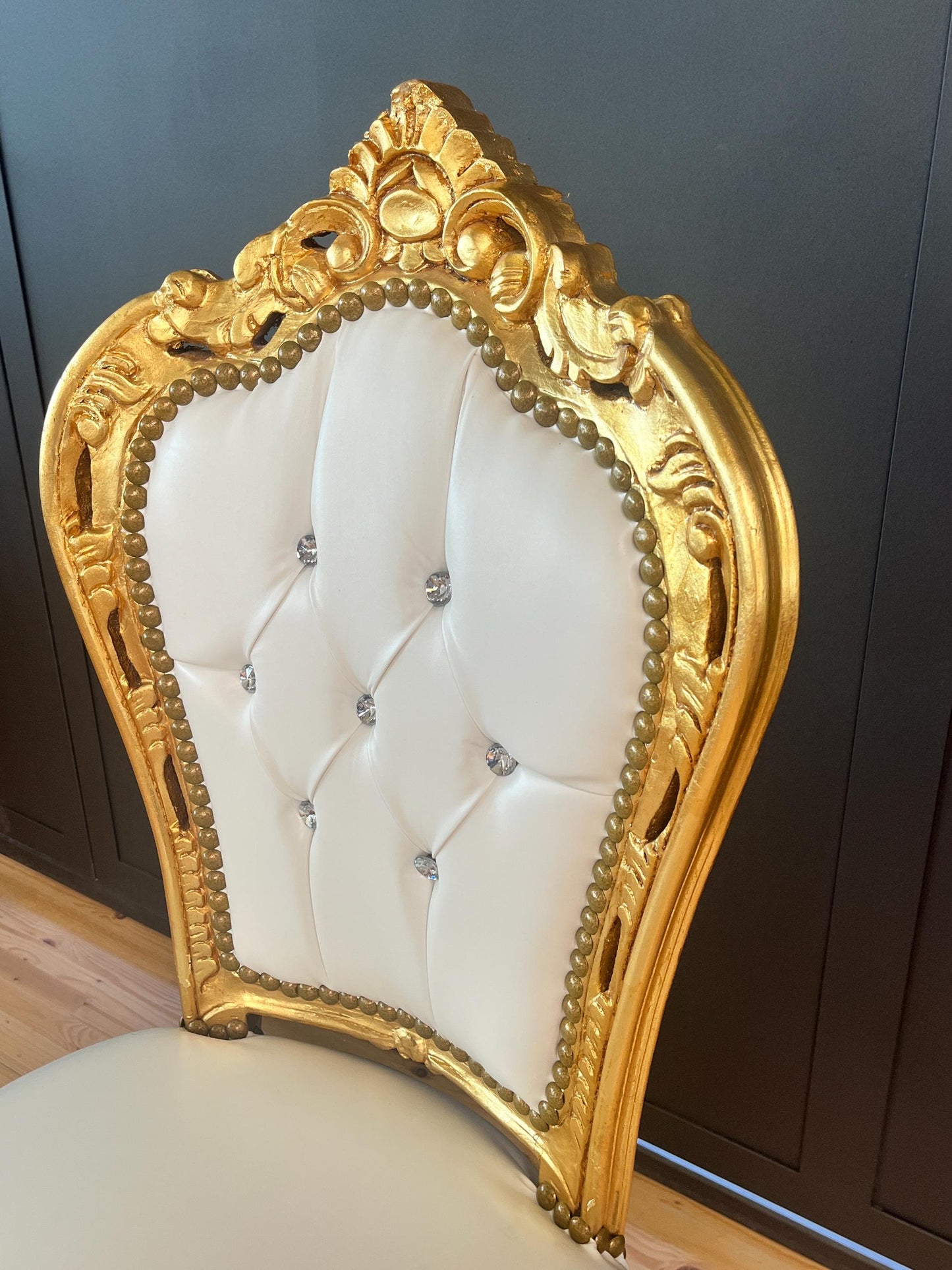 White Faux Leather Rococo Accent Chair: Gold Finish, Crystal Backrest