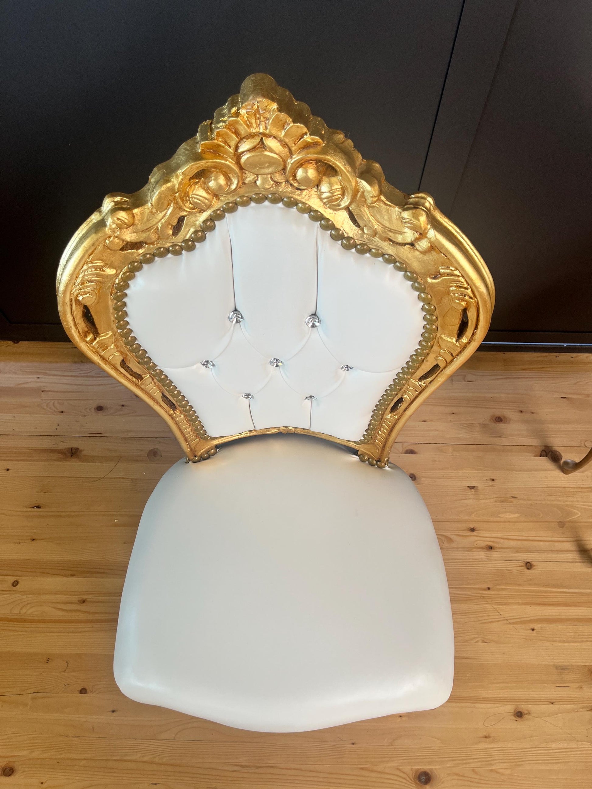 White Faux Leather Rococo Accent Chair: Gold Finish, Crystal Backrest