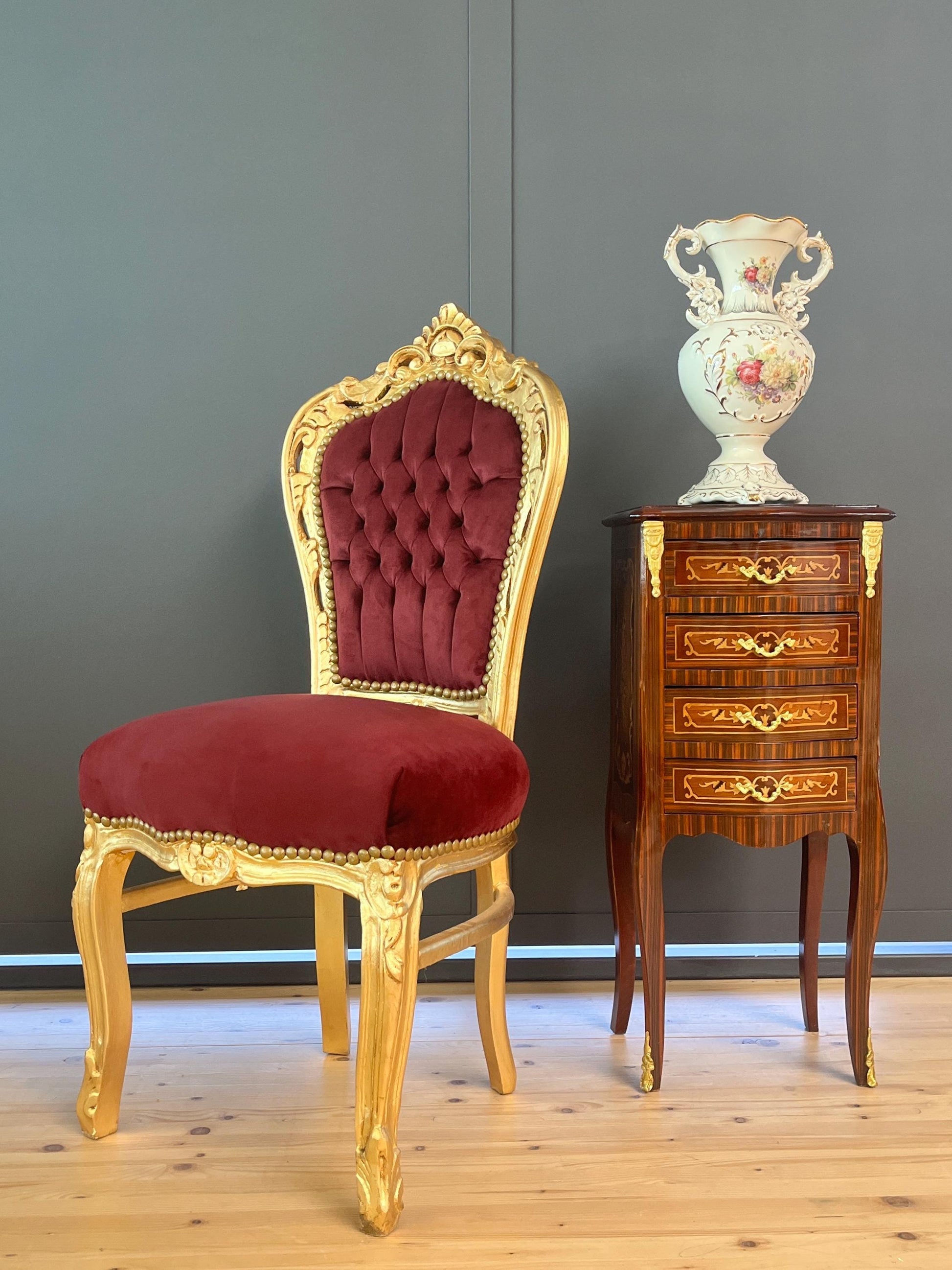 Accent Chair French Louis XV Style in Bordeaux Red Velvet Baroque Rococo Gold Finish