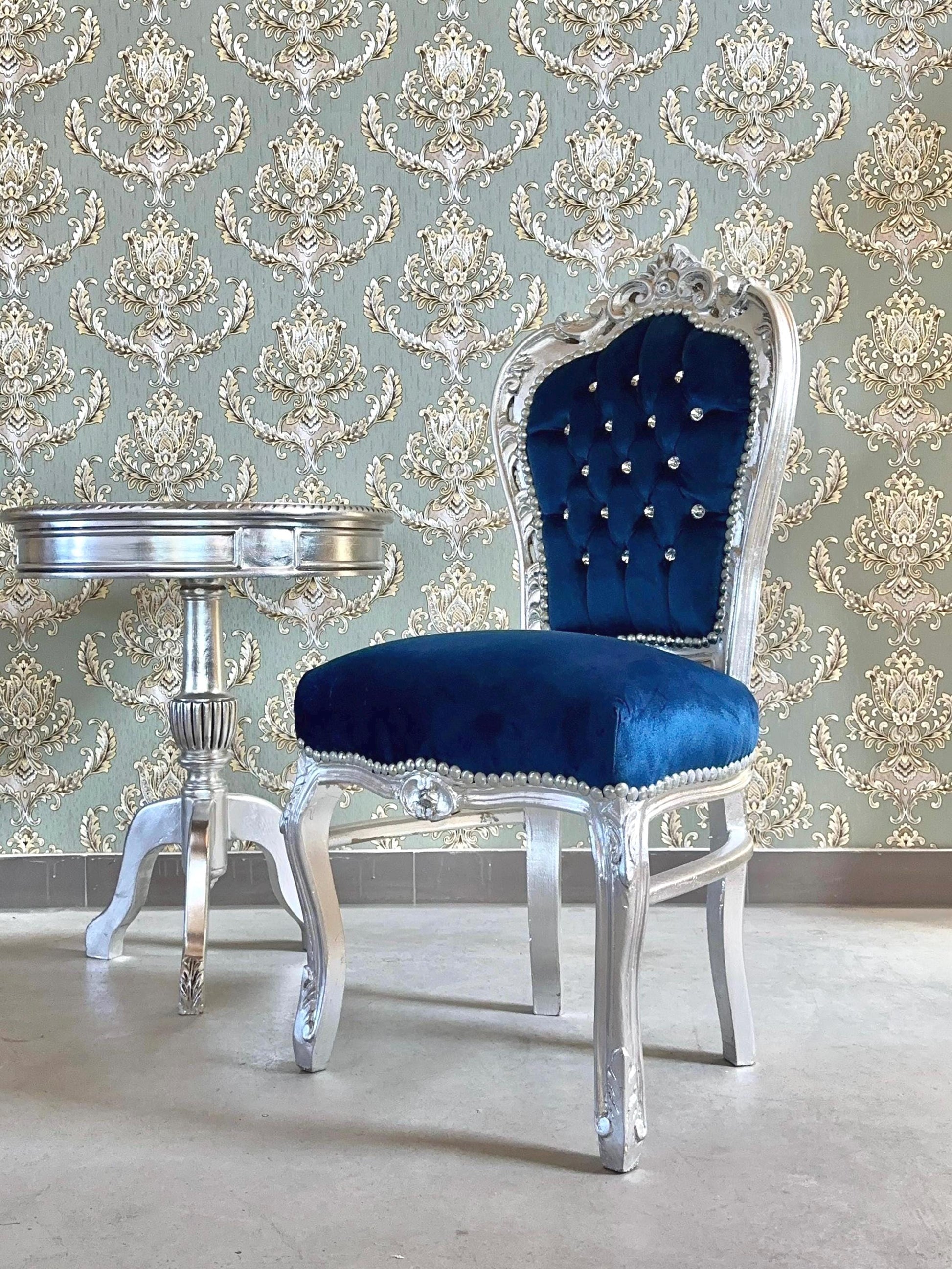 Accent Chair Blue Velvet French Baroque Antique Style Dining Chair Velvet Purple in Silver Finish for Home Decor