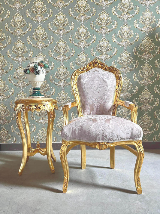 French Baroque Style Armchair: Beige Flower Pattern, Gold Finish