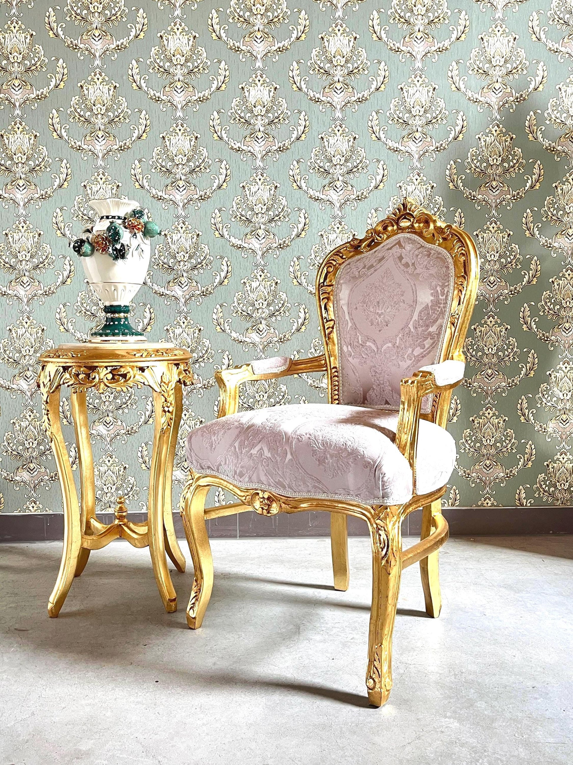 French Baroque Style Armchair: Beige Flower Pattern, Gold Finish