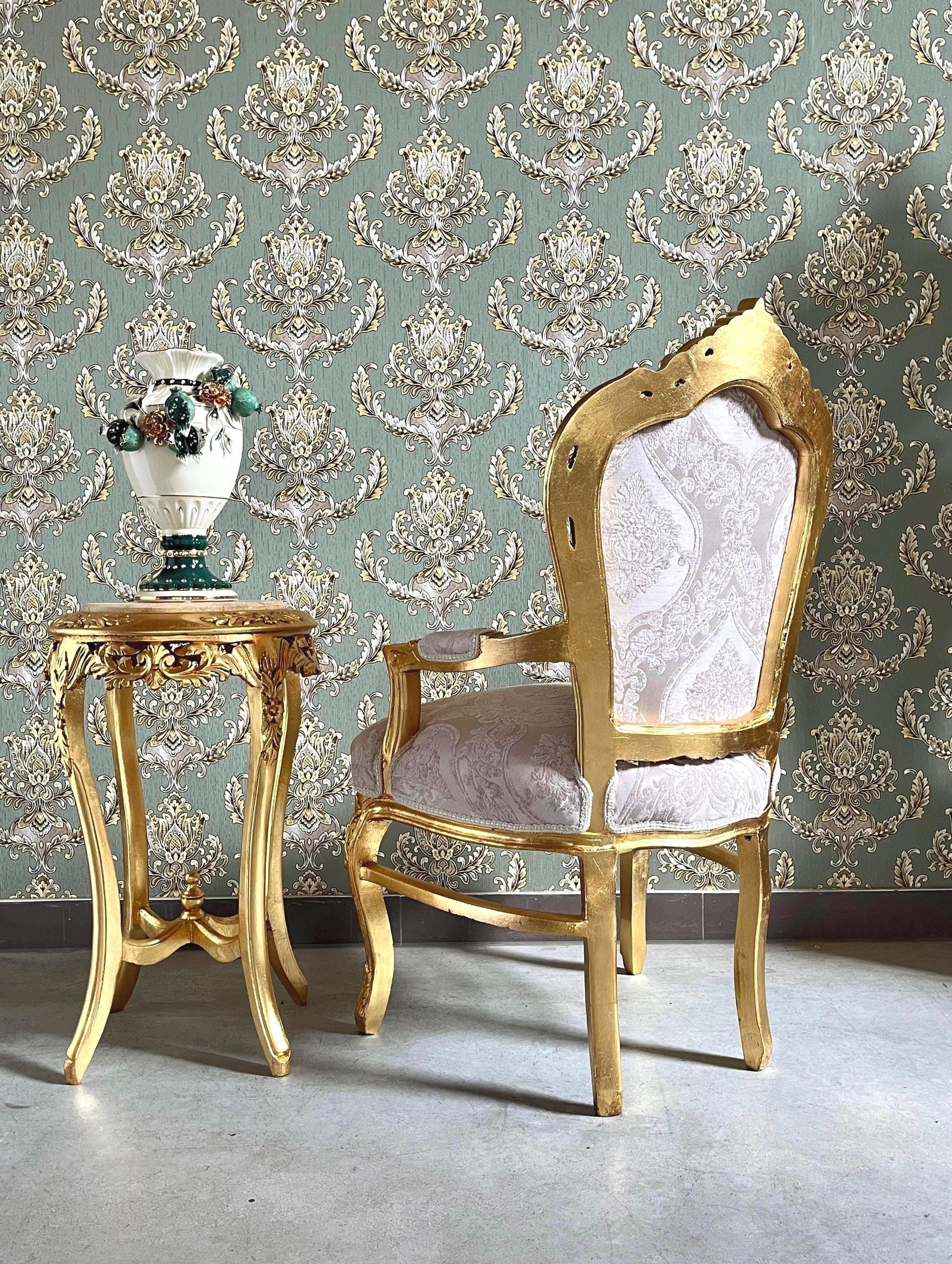 French Baroque Style Armchair: Beige Flower Pattern, Gold Finish