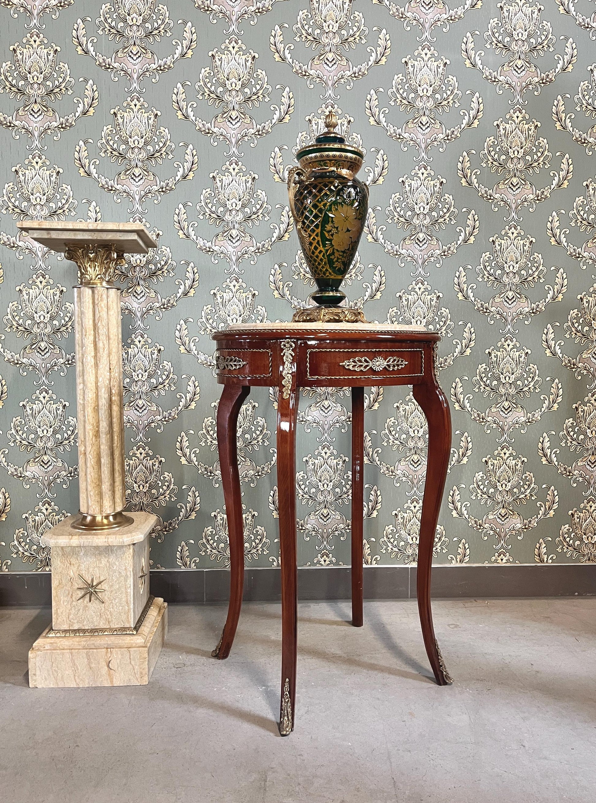 Oval Marble Top Table, Side Table Marble Top, French Louis Baroque Style Wooden Tea Table Beige Color Marble Top Side Table