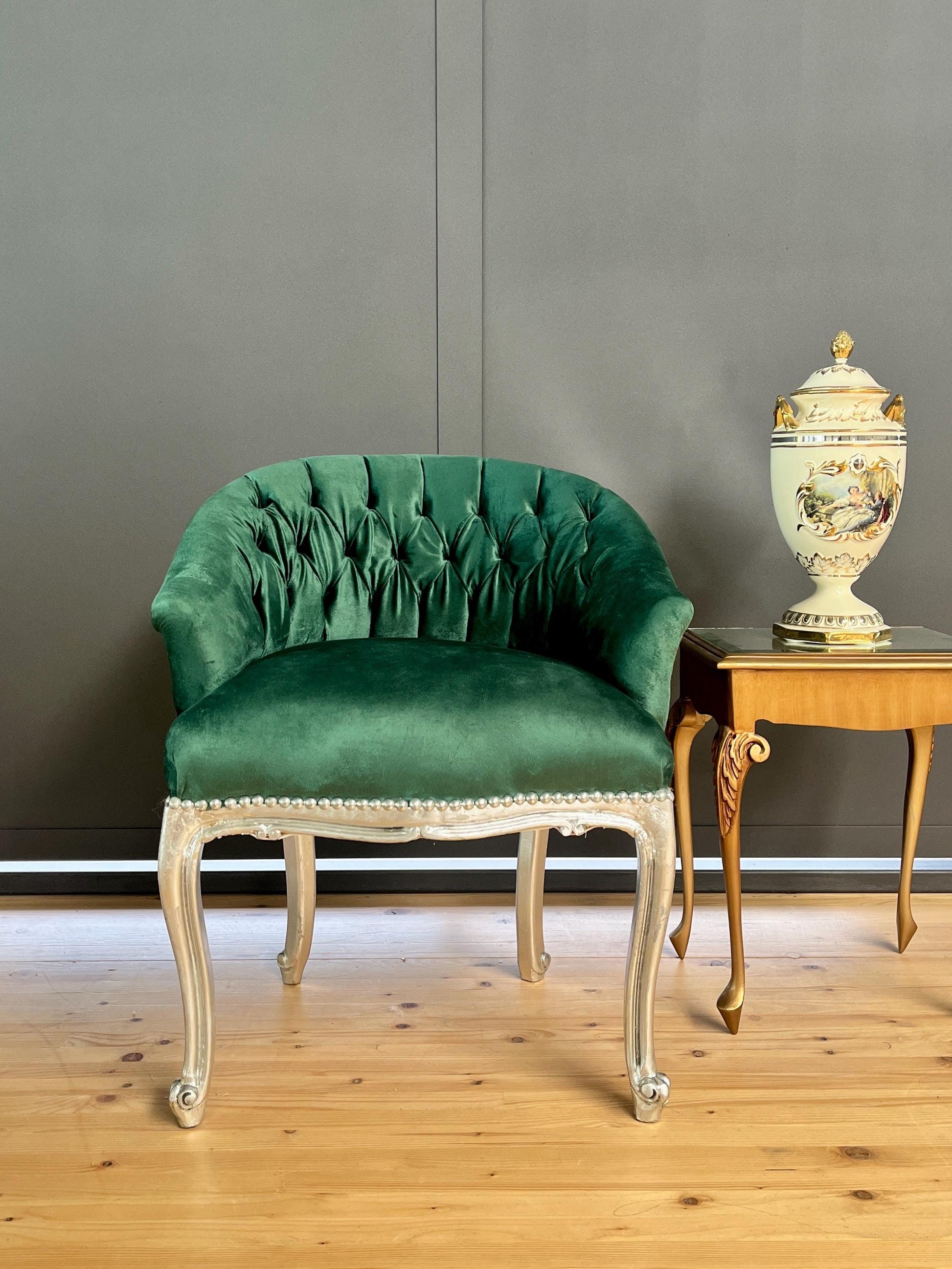 Cocktail Chair Tufted Velvet French Baroque Rococo Style in Animal Jungle Print at Back Bar Chair Velvet Yellow Velvet Green Lounge Chair