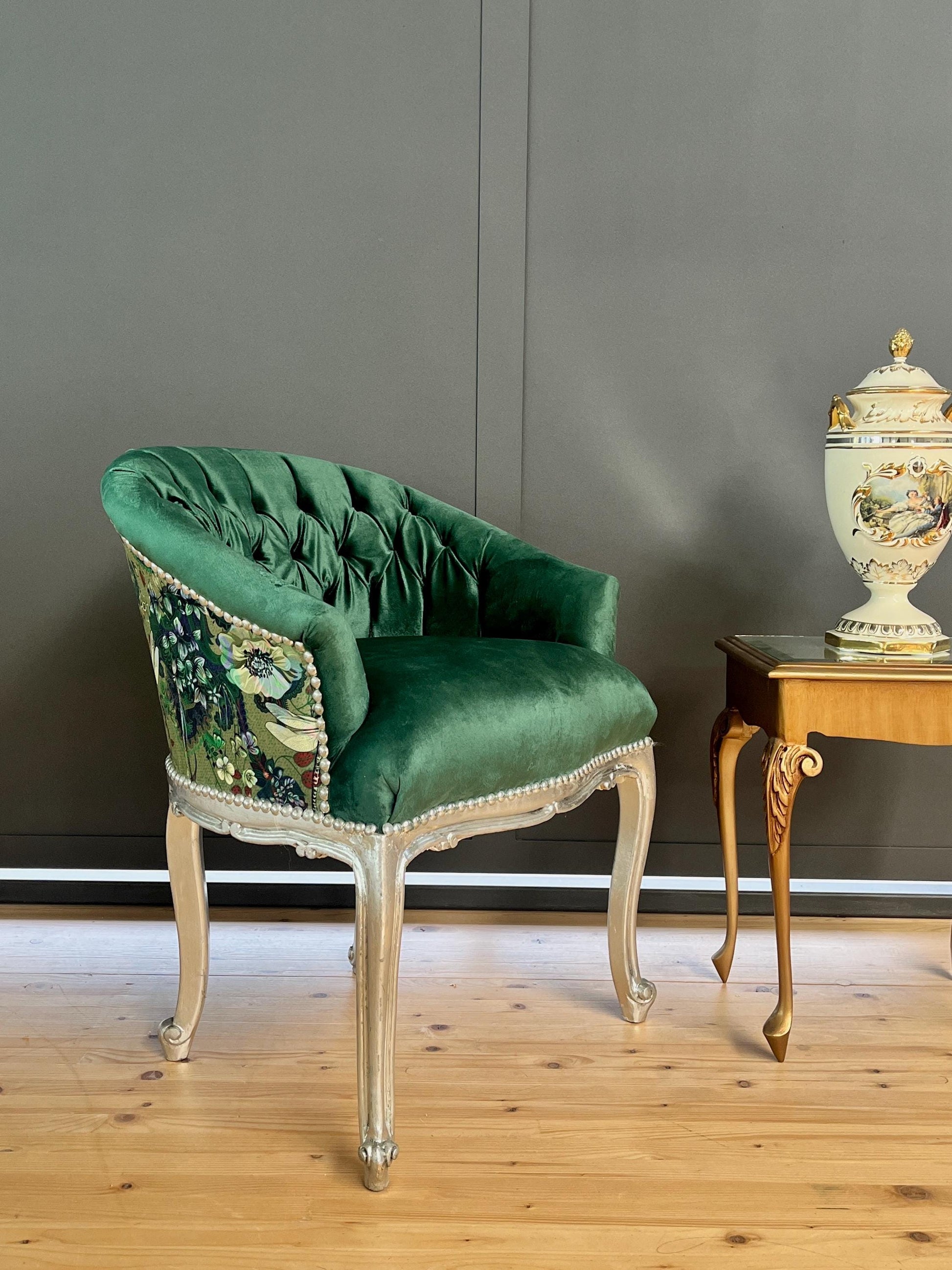 Cocktail Chair Tufted Velvet French Baroque Rococo Style in Animal Jungle Print at Back Bar Chair Velvet Yellow Velvet Green Lounge Chair