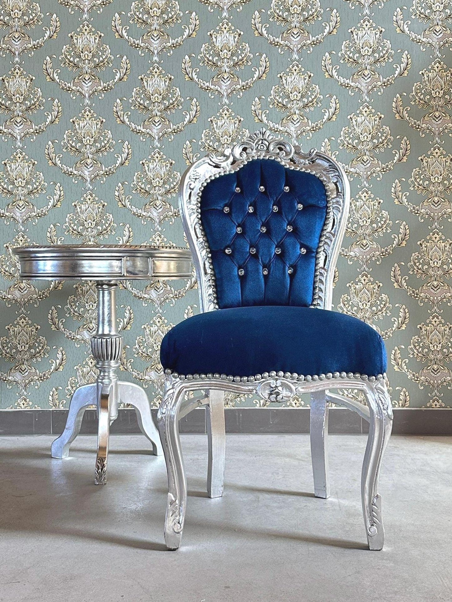 Accent Chair Blue Velvet French Baroque Antique Style Dining Chair Velvet Purple in Silver Finish for Home Decor