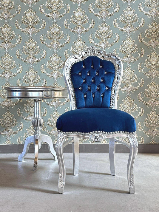 Accent Chair Blue Velvet French Baroque Antique Style Dining Chair Velvet Purple in Silver Finish for Home Decor