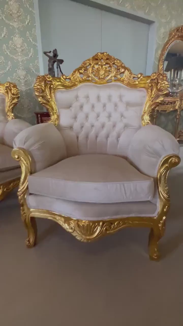 French Louis XV Style Sofa Set: Tufted Velvet, Gold Finish, Marble Top Table