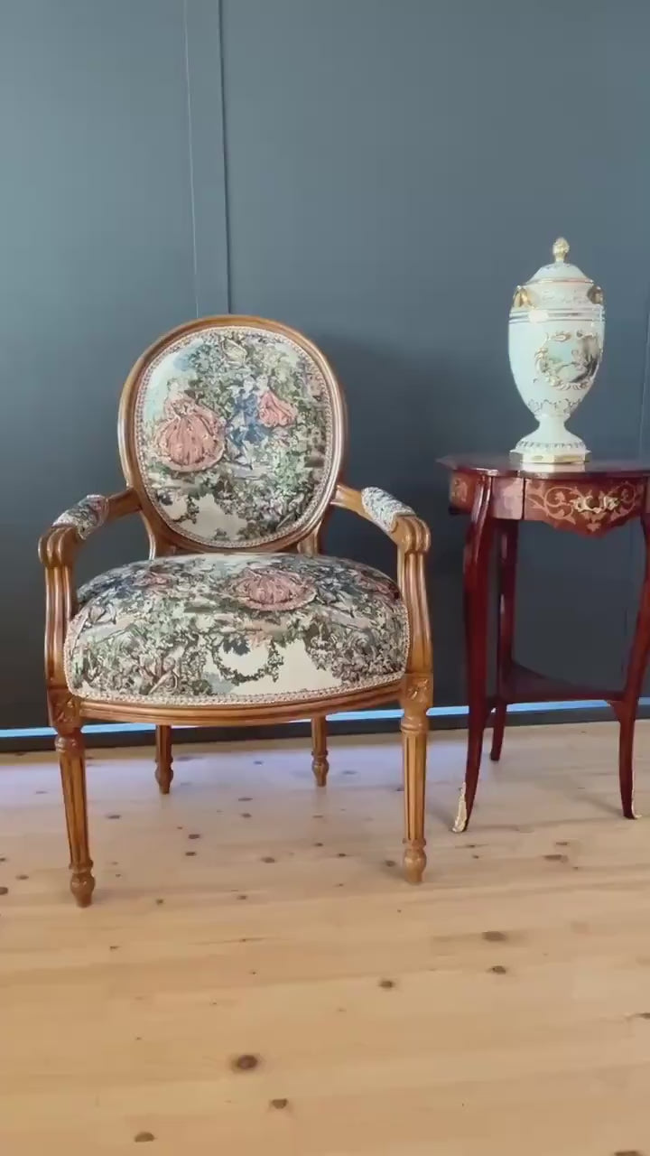 French Baroque Armchair: Tapestry Fabric, Solid Beech Wood