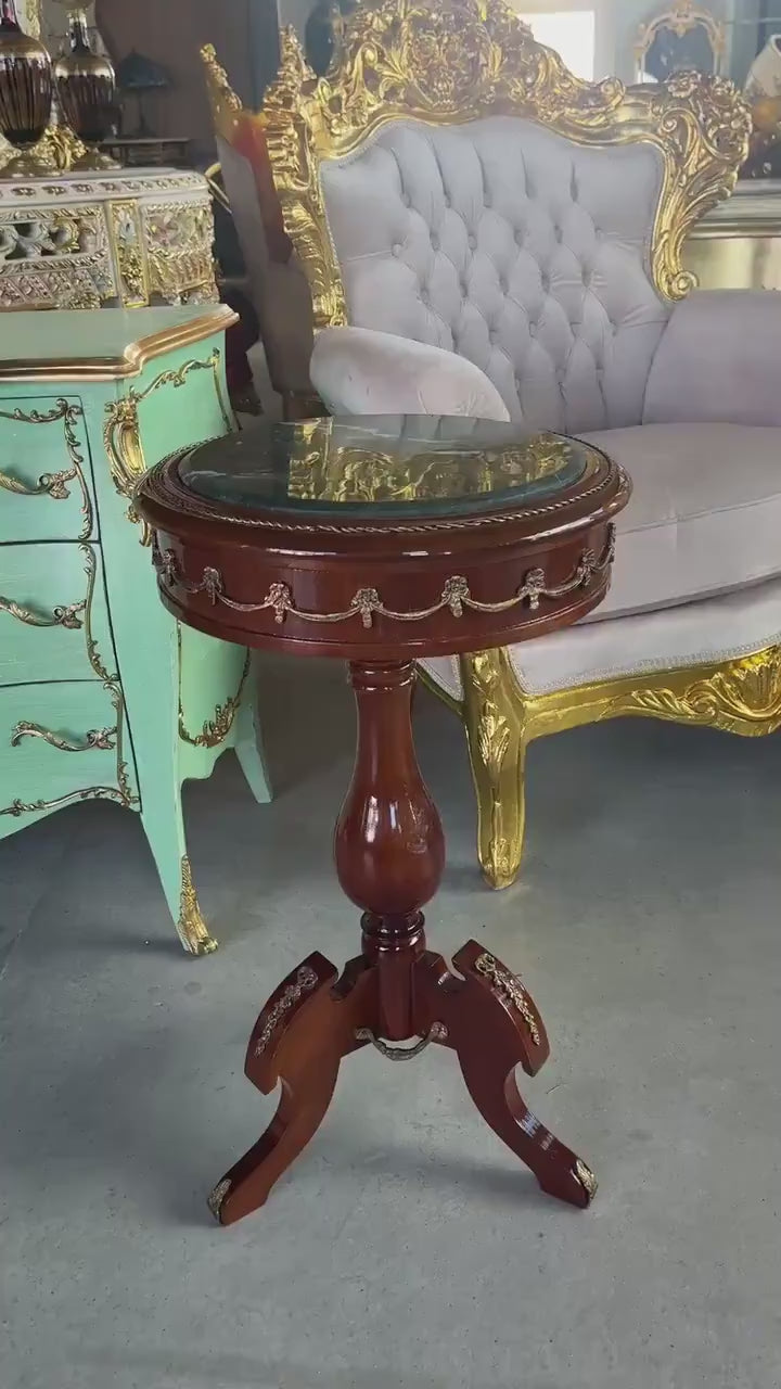 Small Wooden Side Table Baroque Antique Style Coffee Table Handcrafted Brown Round Table w/ Beige Marble Green Marble or Brown Marble Top