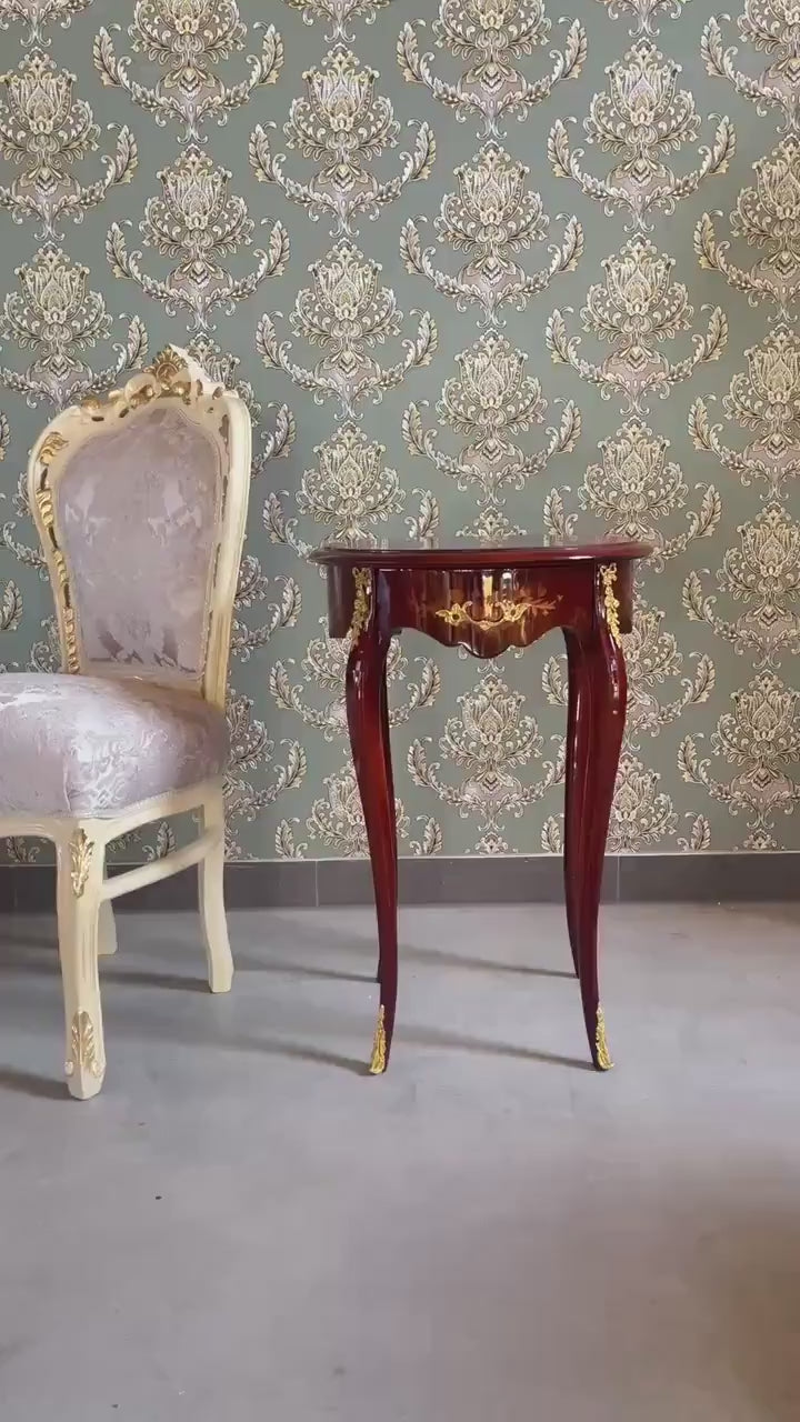 French Antique Style Side Table: Solid Wood, Brass Ornaments, Glossy Coffee Table