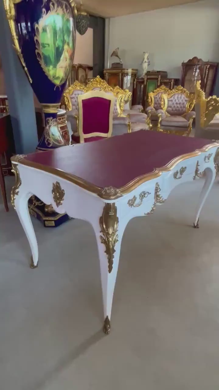 Handcrafted Baroque Writing Desk: White Lacquered Wood with Bronze Detail