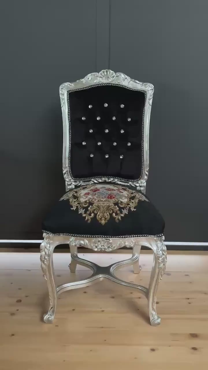 Antique Style Baroque Accent Chair: Black Velvet, Flower Embroidered, Silver Finish