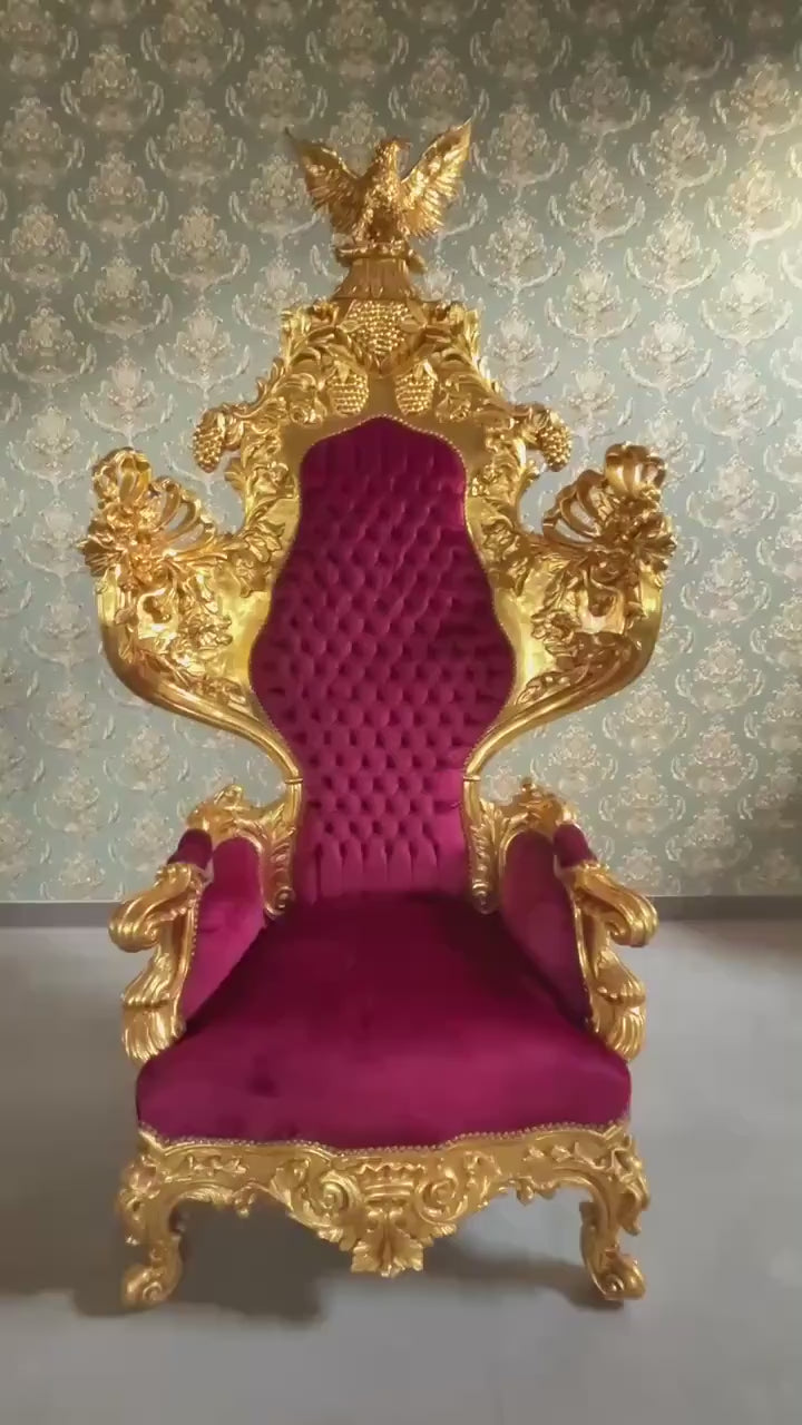 Baroque Rococo King Throne Chair: Red Velvet, Gold Eagle Sculpture