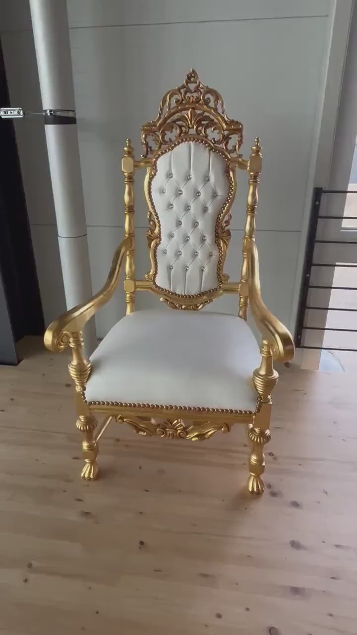 Throne Italian Barock Rococo Style Armchair Royal Antique Style Chair Gold Finish White Leather Like