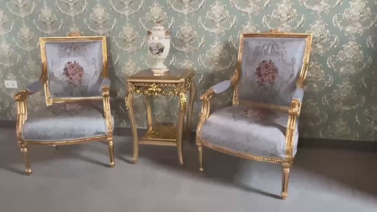 French Antique Style Armchair & Marble Table Set: Louis XV Rococo Gold Finish