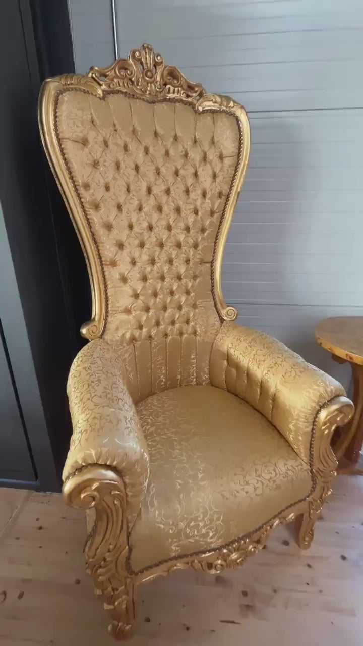 Gold French Baroque Throne Chair: Red Velvet, Hand-Carved Beech Wood