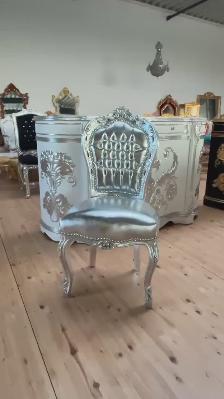 Silver French Louis XV Style Accent Chair: Baroque Rococo Beech Wood