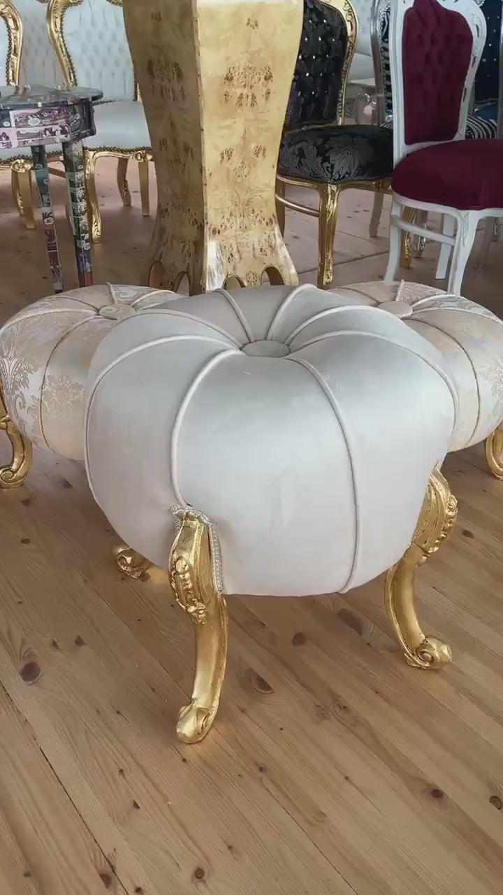 French Baroque Footstool: Ivory Fabric Ottoman, Gold Leaf Beech Wood