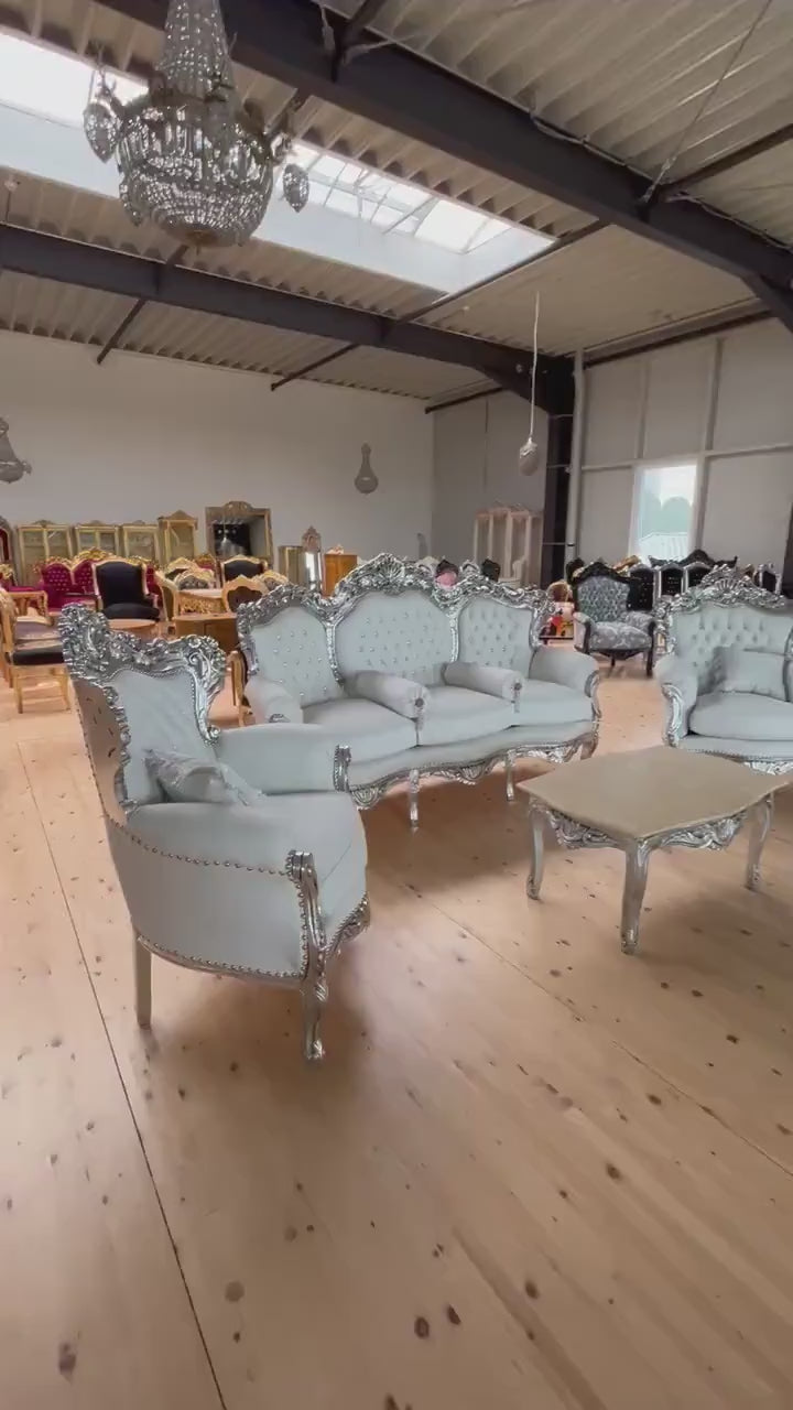 French Louis Style Sofa Set: White Faux Leather, Silver Finish, Baroque Rococo Settee