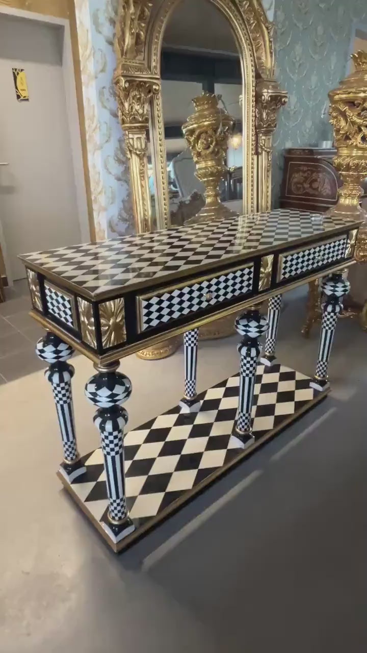 Black Diamond Art Deco Table: Handmade Wood Baroque Desk