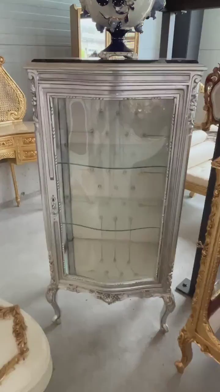 French Louis Style Display Cabinet: Hand-Carved Wood & Glass Showcase