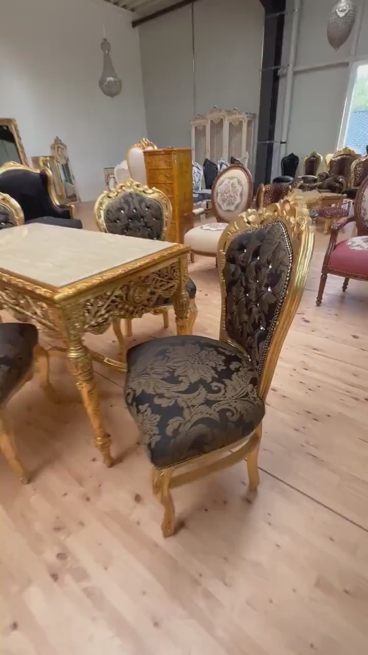 French Baroque Rococo Dining Set: Marble Table & Beechwood Chairs