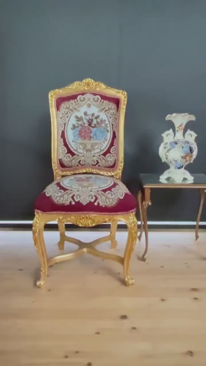 Handmade Red Floral Embroidered Accent Chair: Baroque Rococo Style