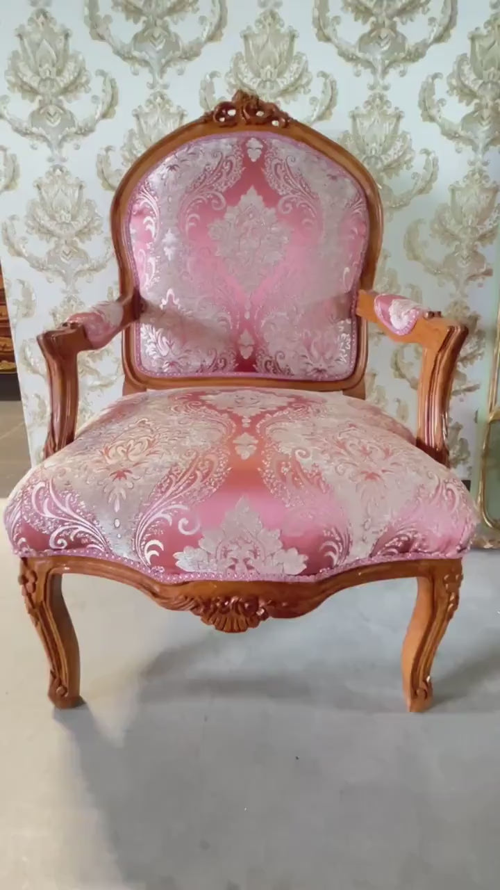 Pink Damask French Louis Style Armchair: Retro Baroque Lounge Chair