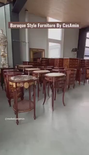 Round Side Table Brown Marble Top Royal Baroque Nostalgic French Style Wooden Table Round Marble in Brown
