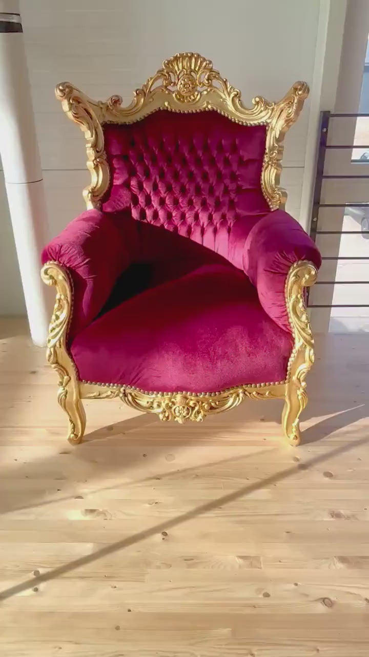 Red Velvet Baroque Armchair: French Louis Style, Gold Leaf Detail