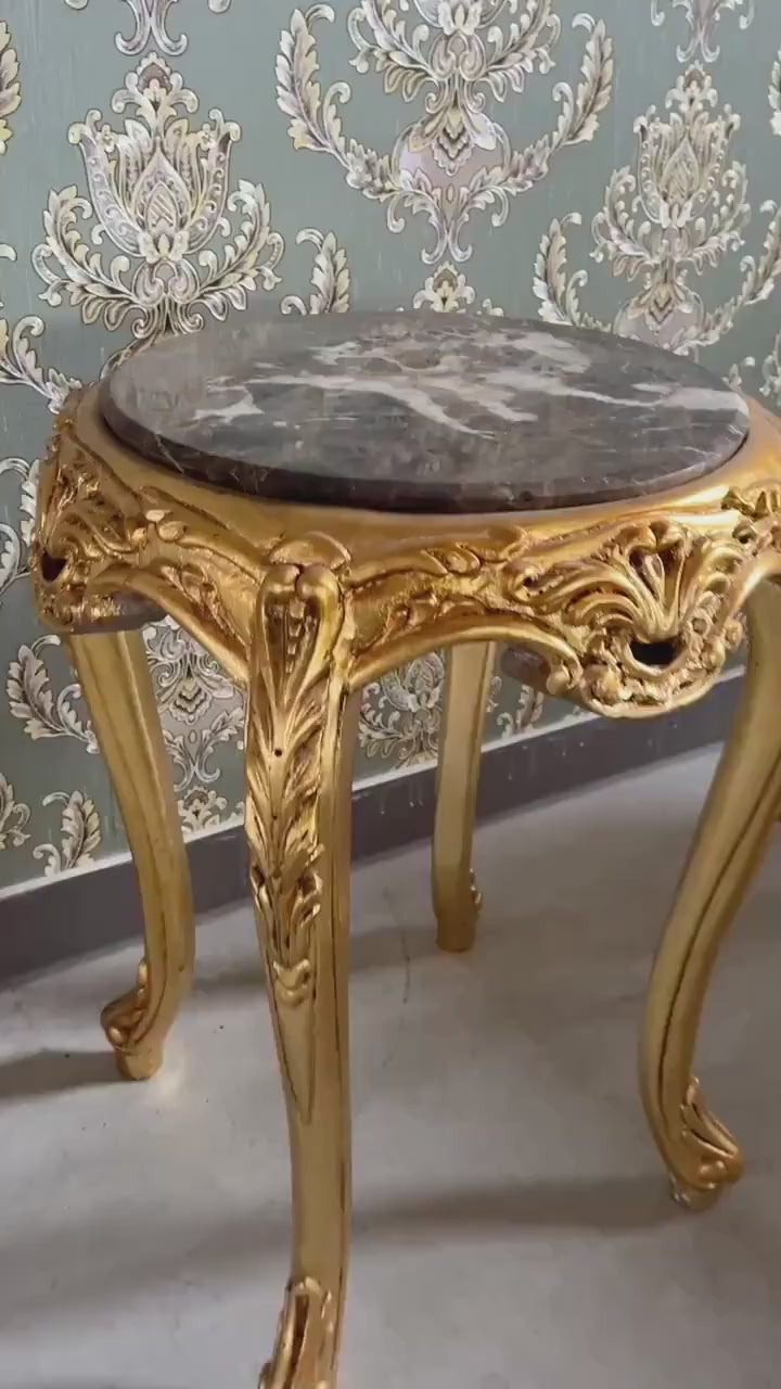 French Louis Style Marble Top Side Table: Gold Finish Baroque Accent Table