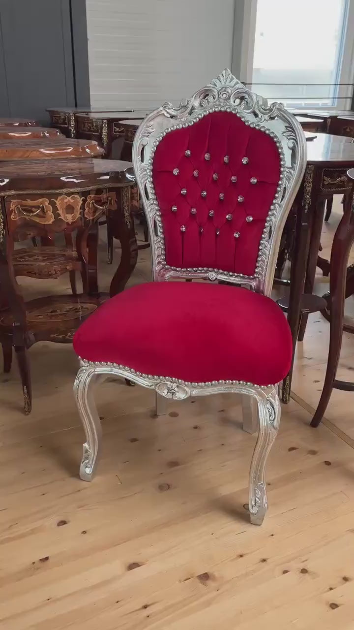 French Baroque, Rococo, Barock Essensstuhl, Antique Style Chair- Silver Red