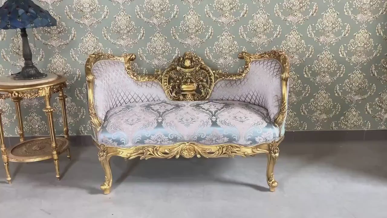 Love Seat Royal Baroque Style Bench Sky Blue Damask Flower Pattern Antique Style Couch in Gold Finish for Housewarming Party Xmas Home Gift