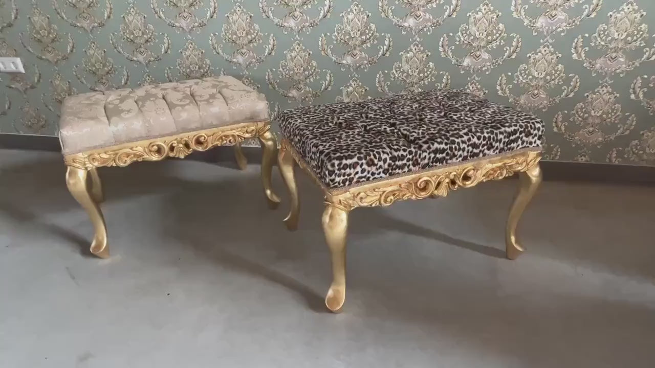 Leopard Velvet Ottoman Bench: Retro Rococo Gold Finish