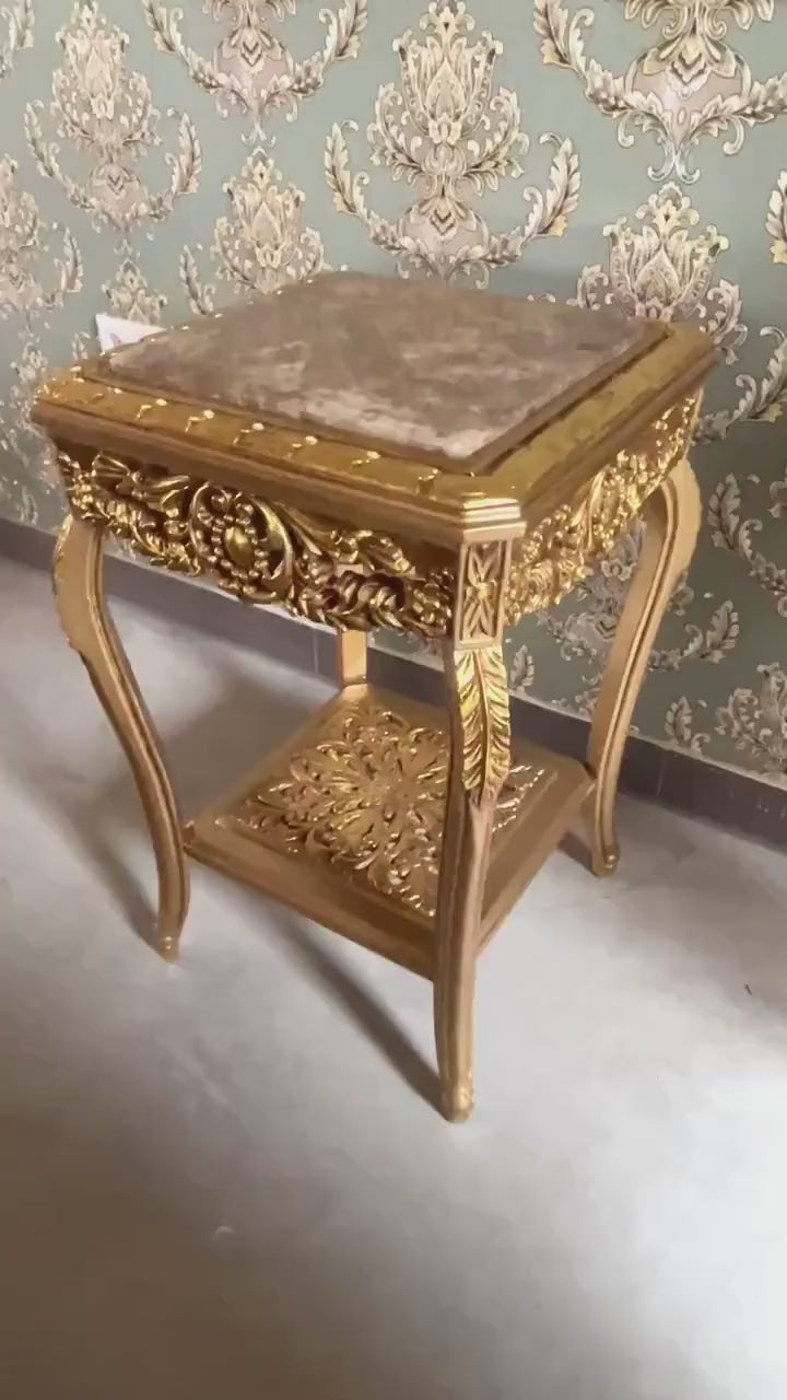 Baroque Marble Top Side Table: French Louis Style, Gold/Beige Finish