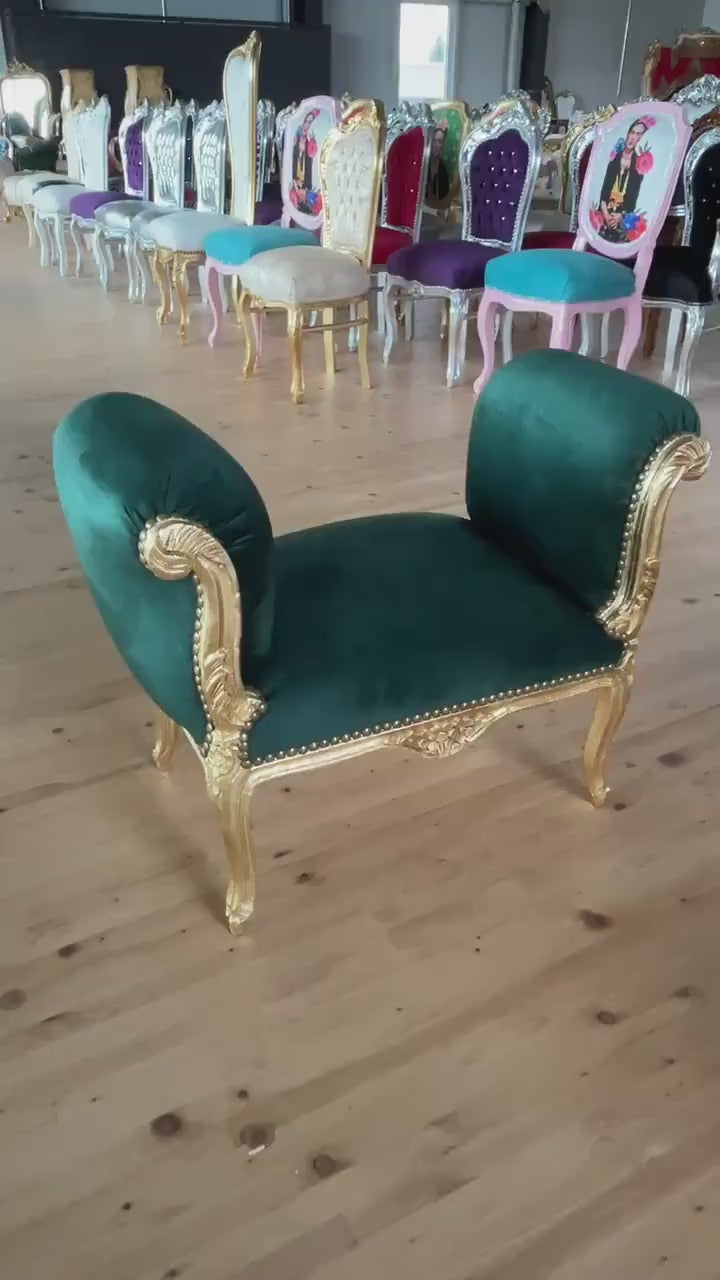 French Baroque Ottoman: Green Velvet & Gold Leaf Foot Stool