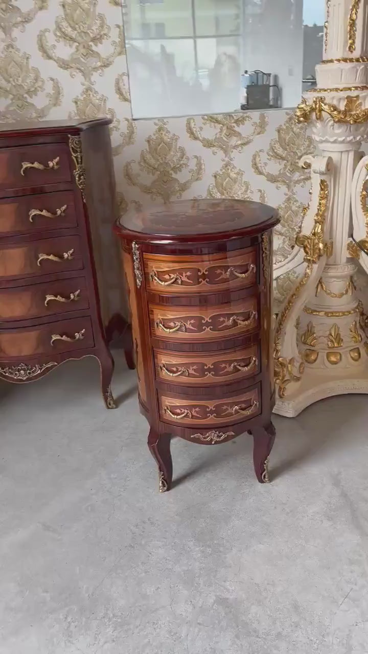 French Baroque Nightstand: Round Antique Style Louis XVI Reproduction