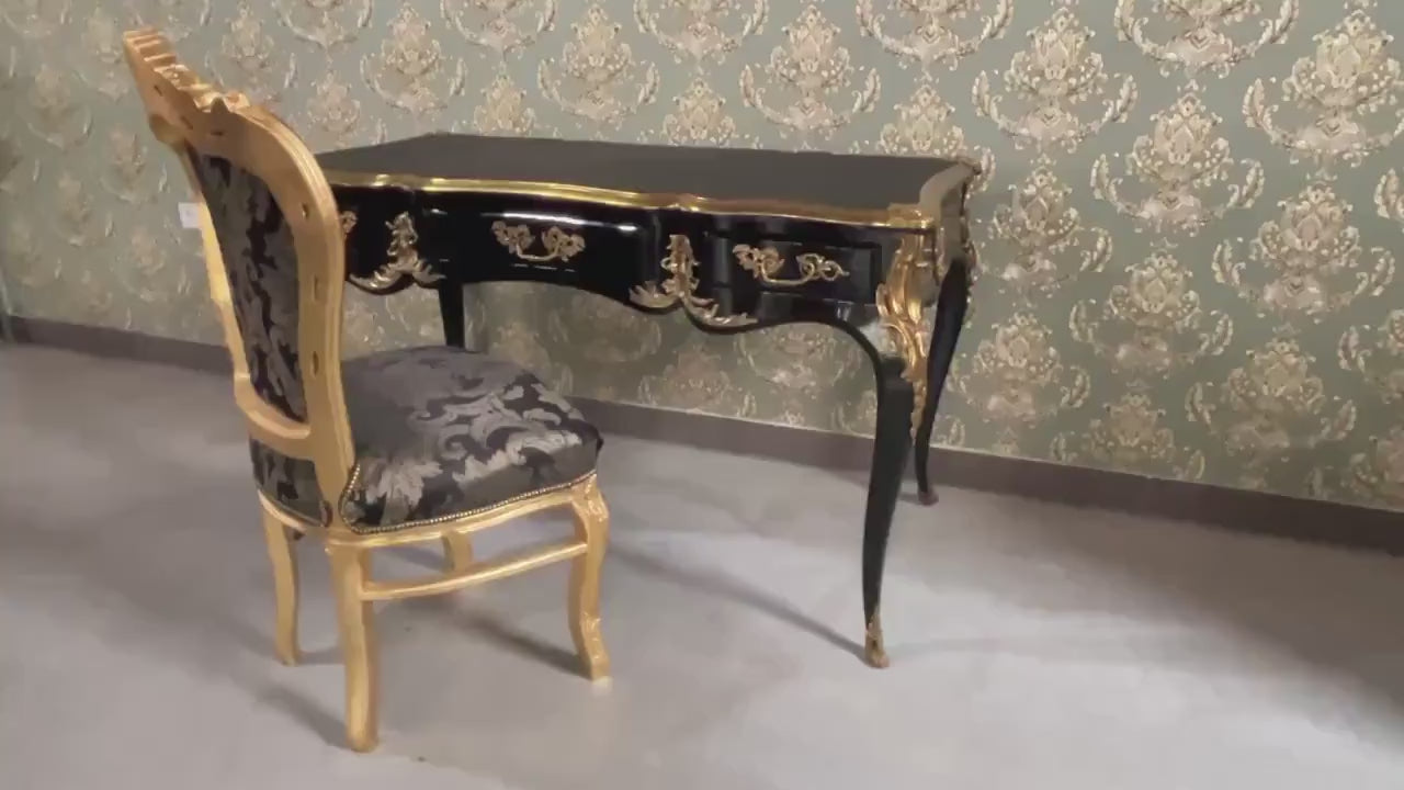 Luxurious Black Wooden Desk Antique Baroque Style Table with Bronze Ornaments at Edge Lacquered in Black - LIMITED EDITION
