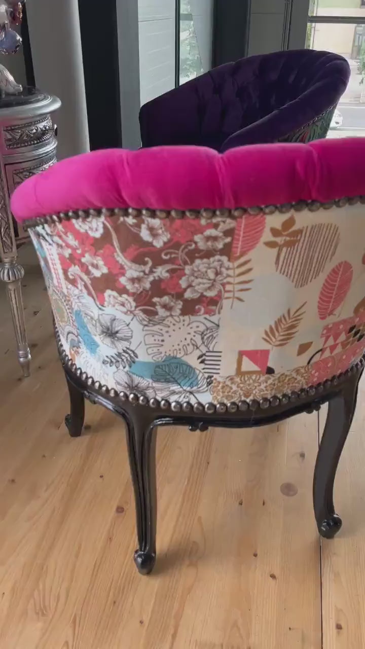 Cocktail Chair Tufted Velvet French Baroque Rococo Style in Floral Jungle Print Bar Chair Tufted Velvet Fuchsia Velvet Purple for Party Deco