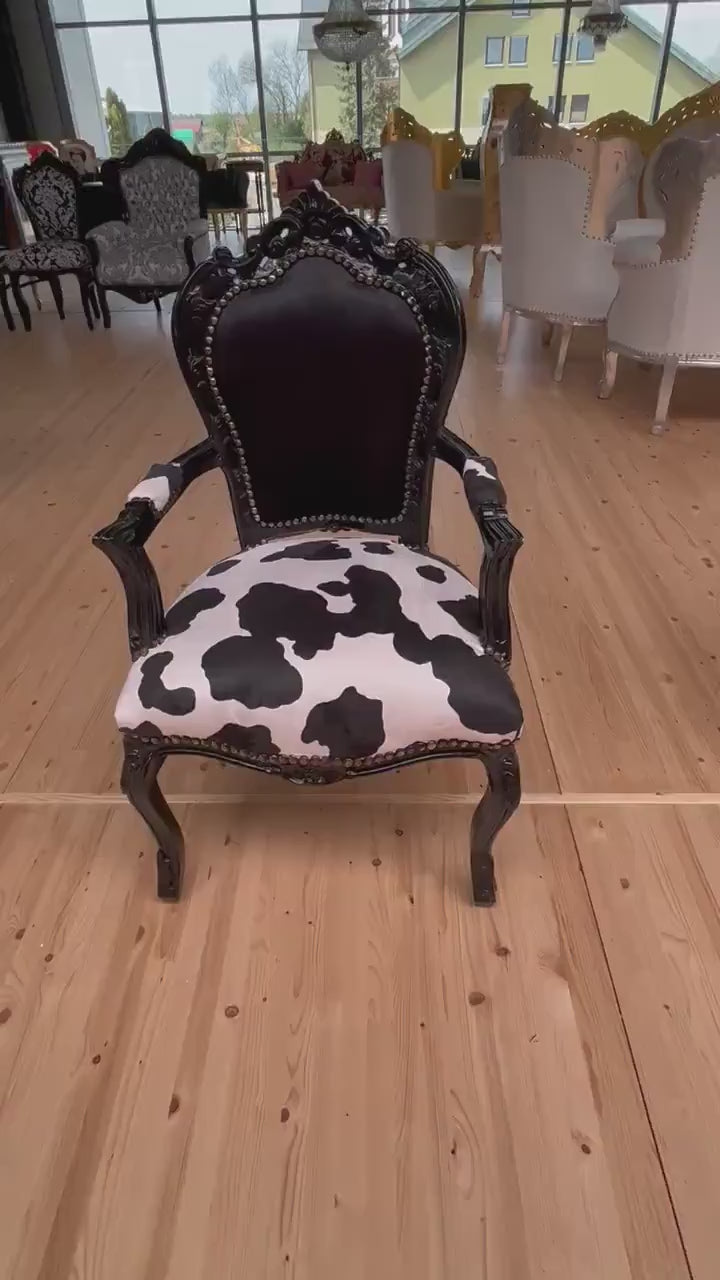 Handmade Baroque Armchair: Black Velvet Louis Style Chair with Animal Print