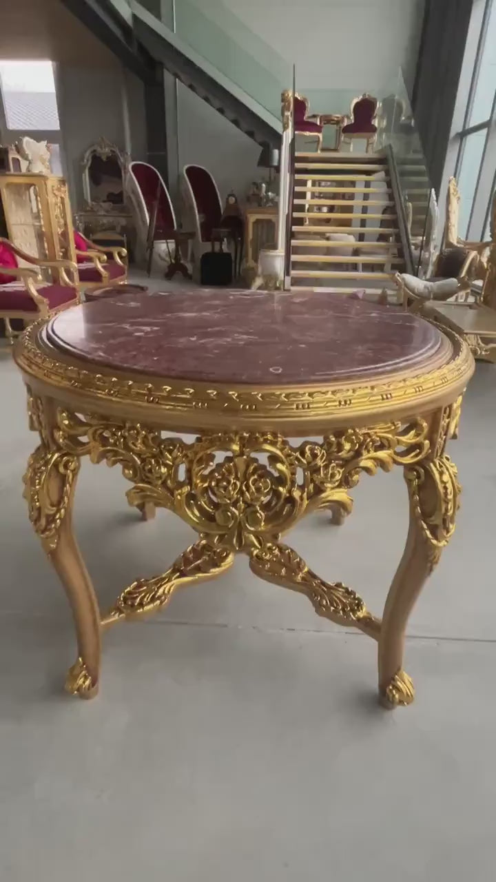Baroque Rococo Style Marble Top Round Table - Gold Finish