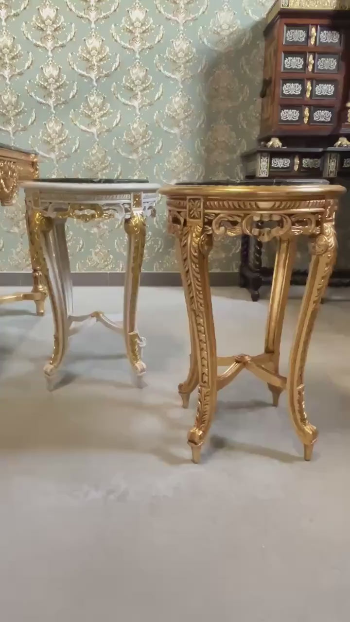 French Baroque Style Side Table: Gold Finish, Green Marble Top