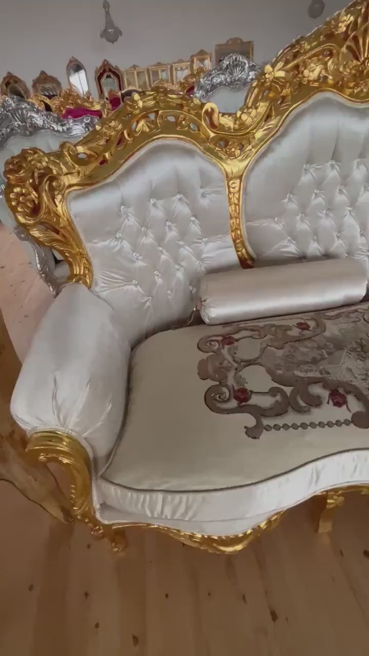 French Louis XV Style Sofa Set: Ivory Velvet, Marble Table, Retro Baroque