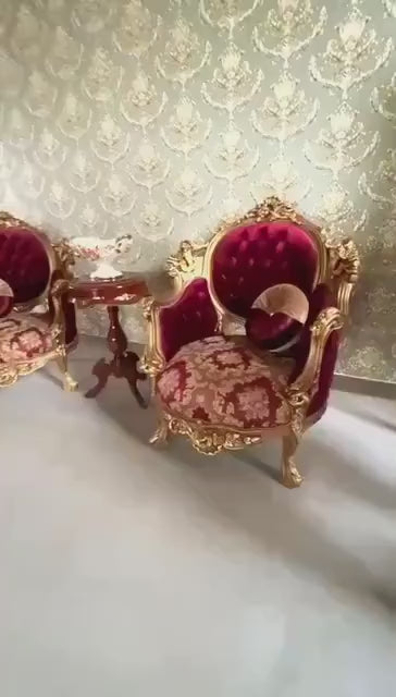 Glamorous Armchair Set Antique Baroque Style in Bordeaux Red Damask Chair & Table Set Gold Finish for Lounge Room Hotel Lobby Decor -LIMITED