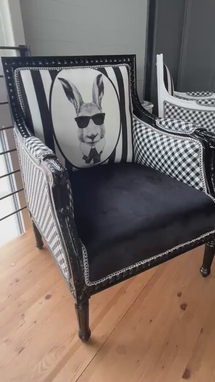 Baroque Style Velvet Armchair: Black & White Rabbit Print, Handcrafted Beech Wood