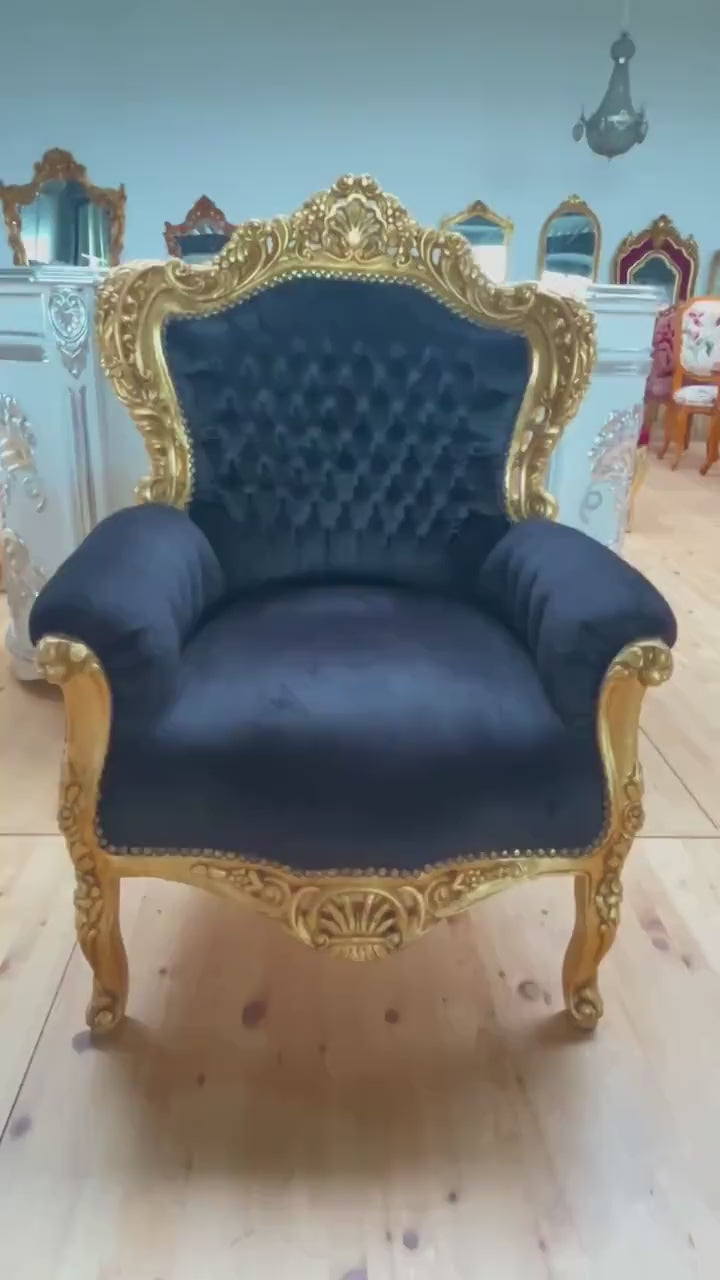 Black Velvet French Rococo Armchair: Gold Finish Living Room Chair