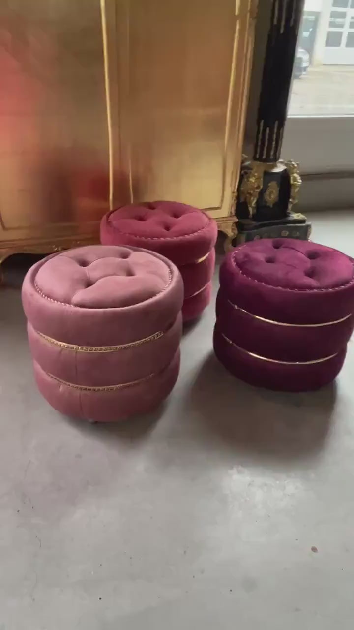 Pouf Nostalgic French Marcaron Shape Ottoman Cute Handmade Stool for Home Decor in Velvet Berry, Rosa ,Burgundy
